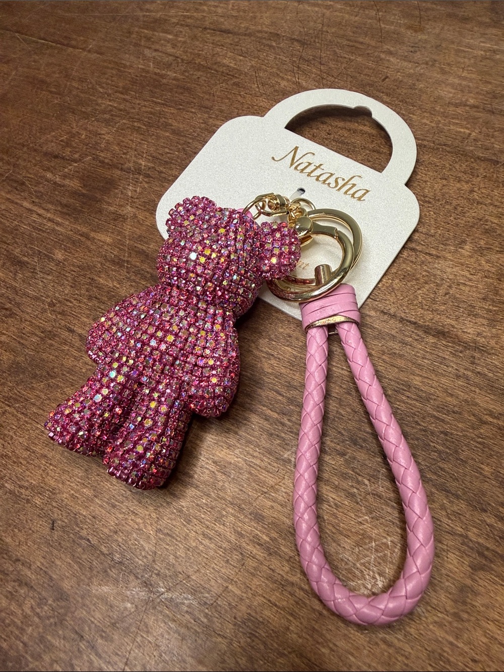 Pink Crystal Teddy Bear Keychain with Strap